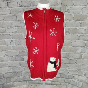 Vintage 90s Embroidered Knit Full Zip Vest  Polar Bears Red Large cleo